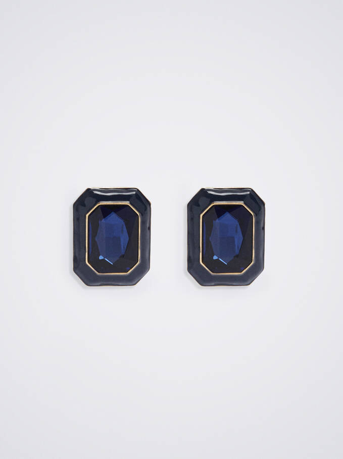 Clip Earrings With Crystal, Blue, hi-res