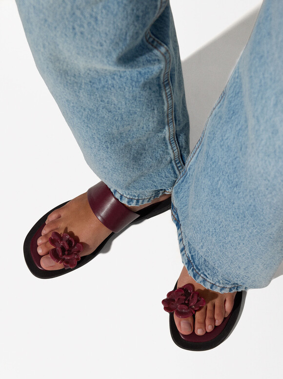 Flat Sandals With Flower, Bordeaux, hi-res