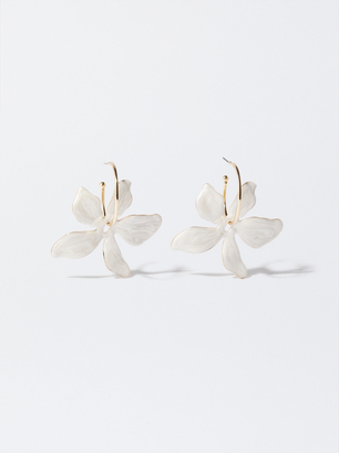 Enamel Flower Hoops Earrings, Beige, hi-res