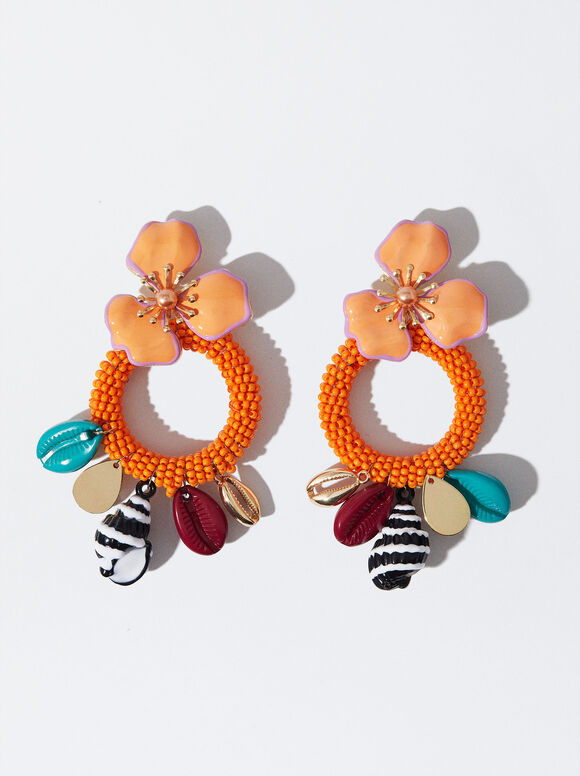 Flower And Shell Earrings, Multicolor, hi-res