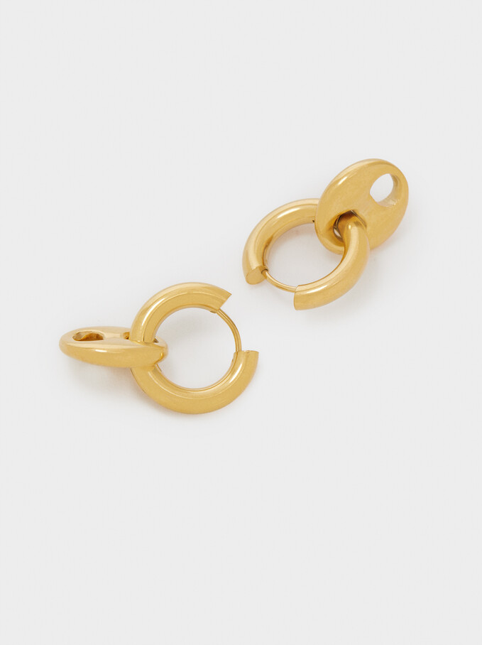 Stainless Steel Hoop Earrings With Pendants, Golden, hi-res
