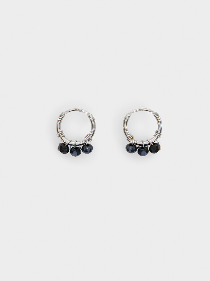 925 Silver Hoop Earrings With Beads, Blue, hi-res