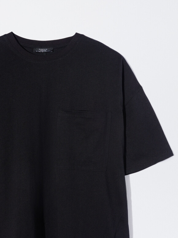 Online Exclusive - T-Shirt En Coton Avec Poche, Noir, hi-res