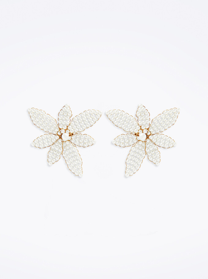 Flower Earrings With Faux Pearls, Golden, hi-res
