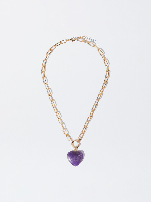 Golden Necklace With Heart Pendant, Purple, hi-res
