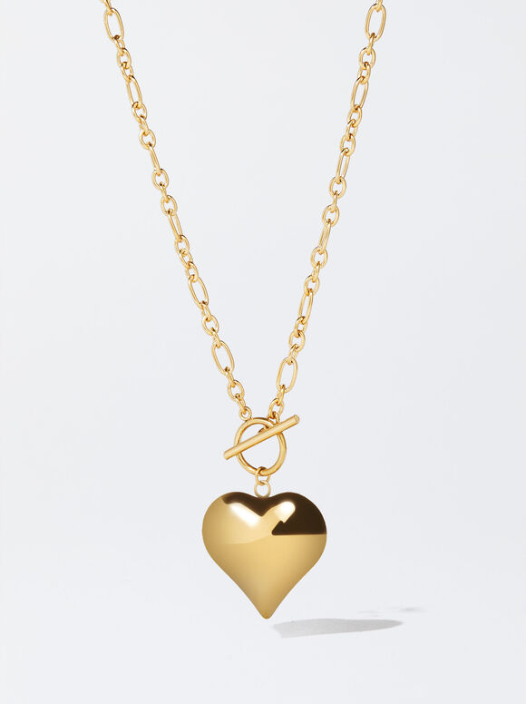 Stainless Steel Necklace With Heart, Golden, hi-res