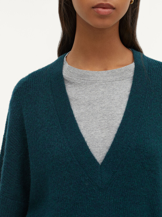 Knitted V-Neck Sweater, Blue, hi-res
