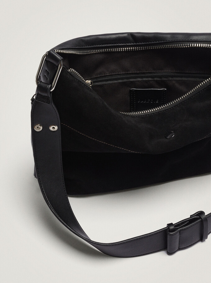 Contrast Suede Shoulder Bag, Black, hi-res