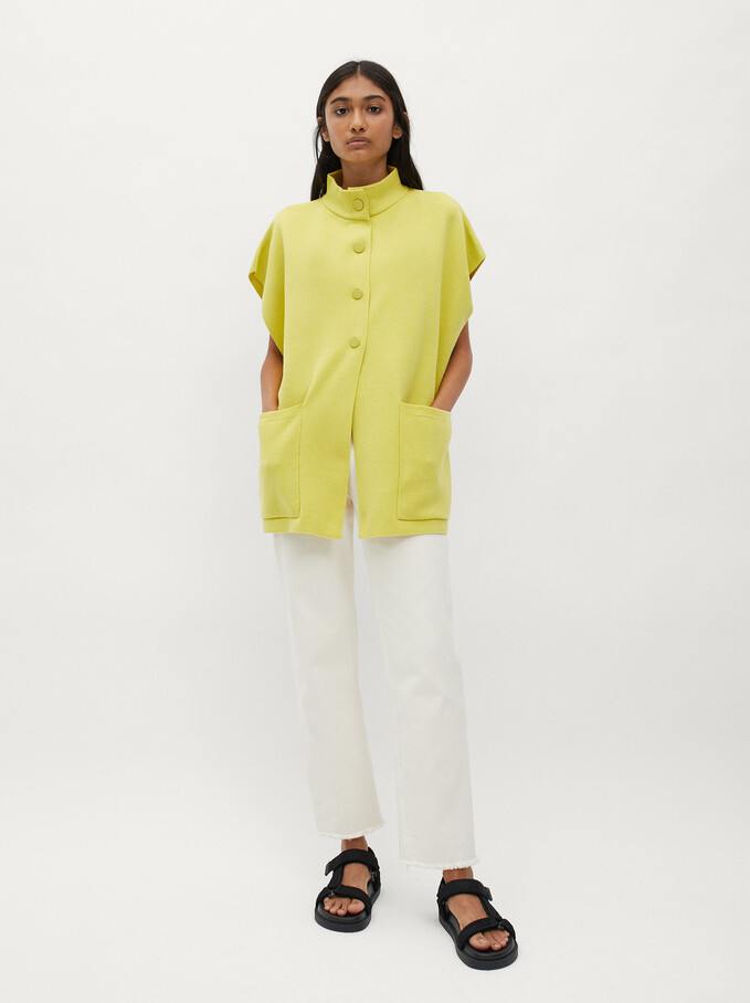 Short Sleeve Knit Poncho, Yellow, hi-res