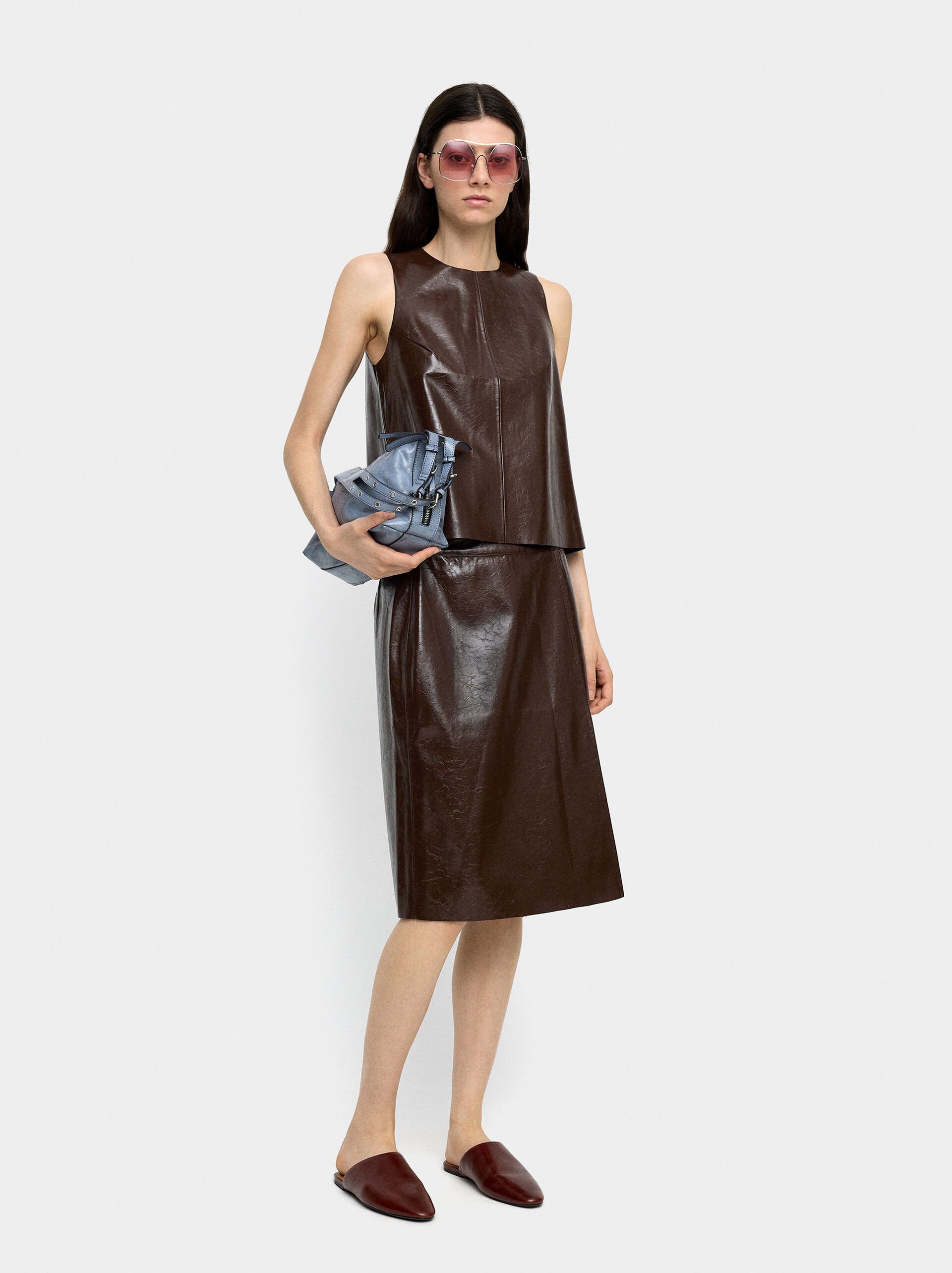 Midi skirt with leather effect image number 0.0