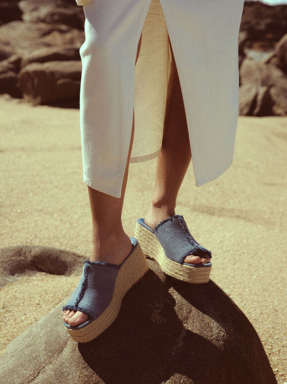 Online Exclusive - Denim Wedge Sandals, Blue, hi-res