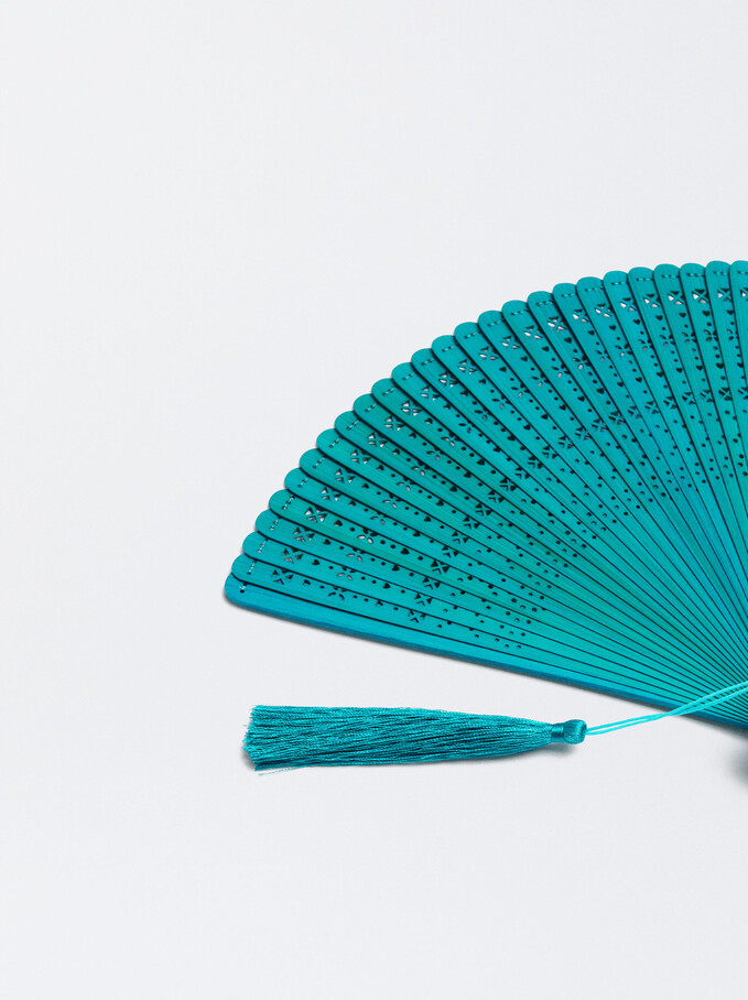 Perforated Fan With Tassel, Blue, hi-res