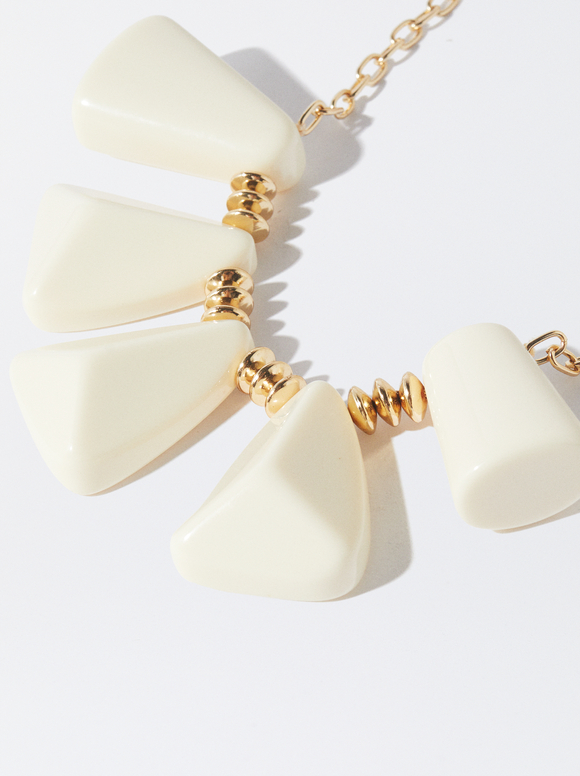 Golden Necklace With Resin, White, hi-res