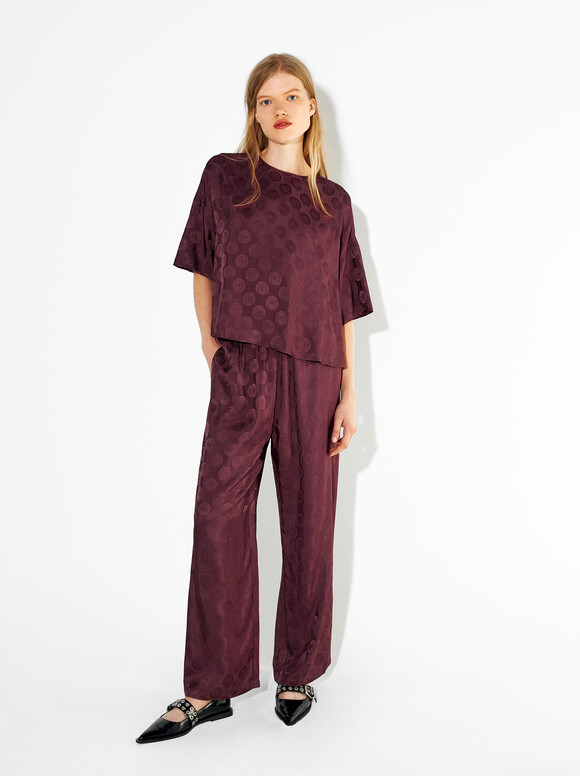 Printed Loose-Fitting Trousers, Bordeaux, hi-res