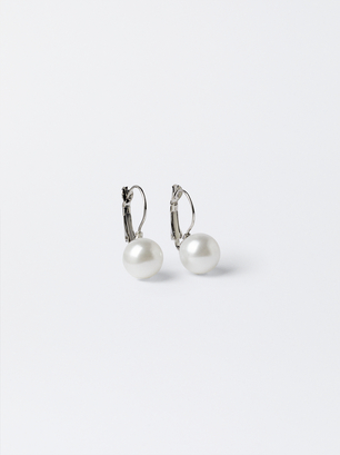Silver Earrings With Pearls, Beige, hi-res