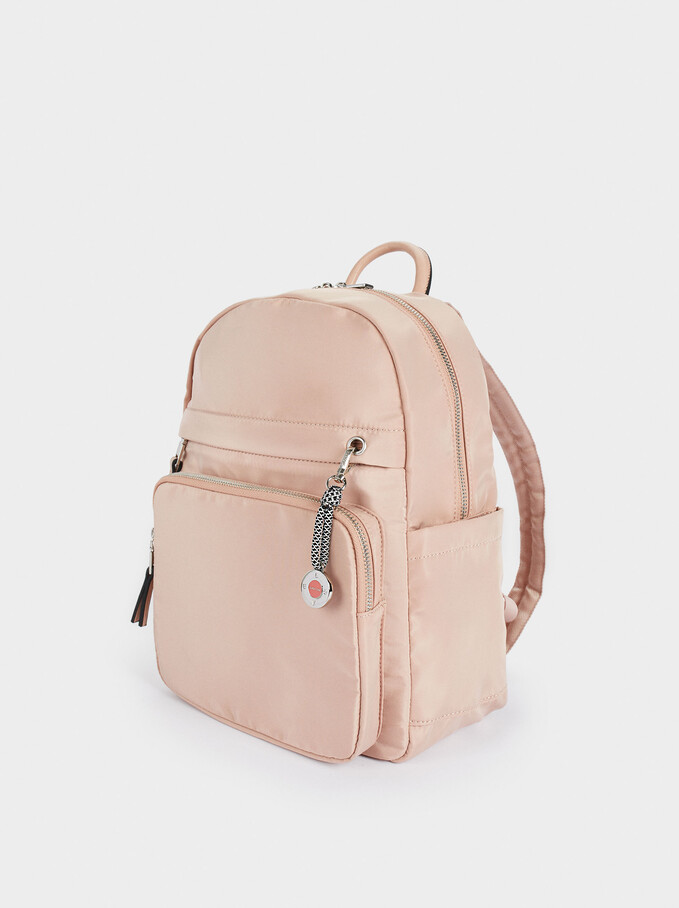 Nylon Backpack With Outside Pockets, Pink, hi-res