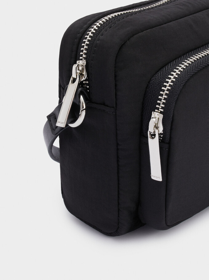 Nylon Crossbody Bag With Outer Pocket, Black, hi-res