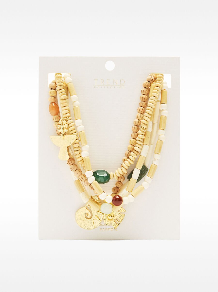 Multi-necklace wooden and stone beads