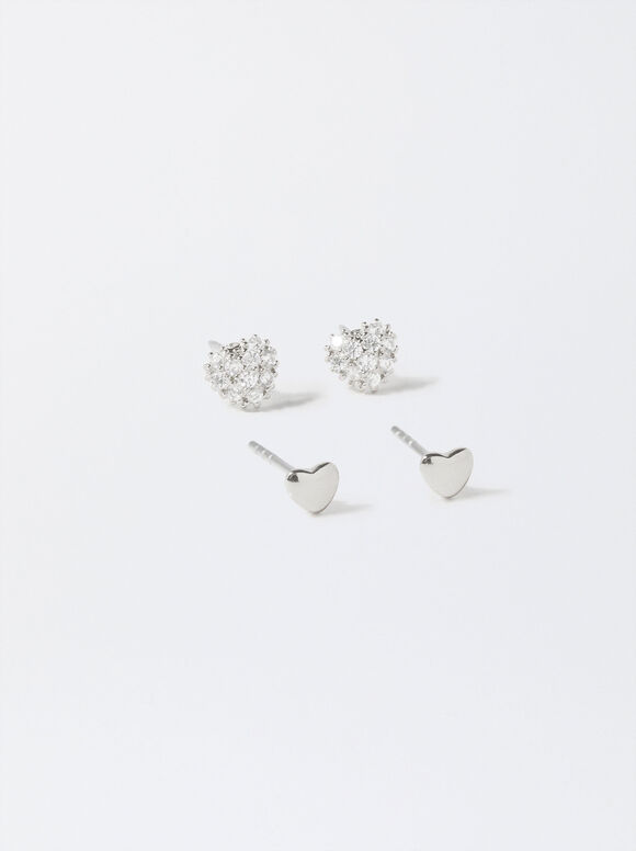 Set Of Earrings With Cubic Zirconia, Silver, hi-res