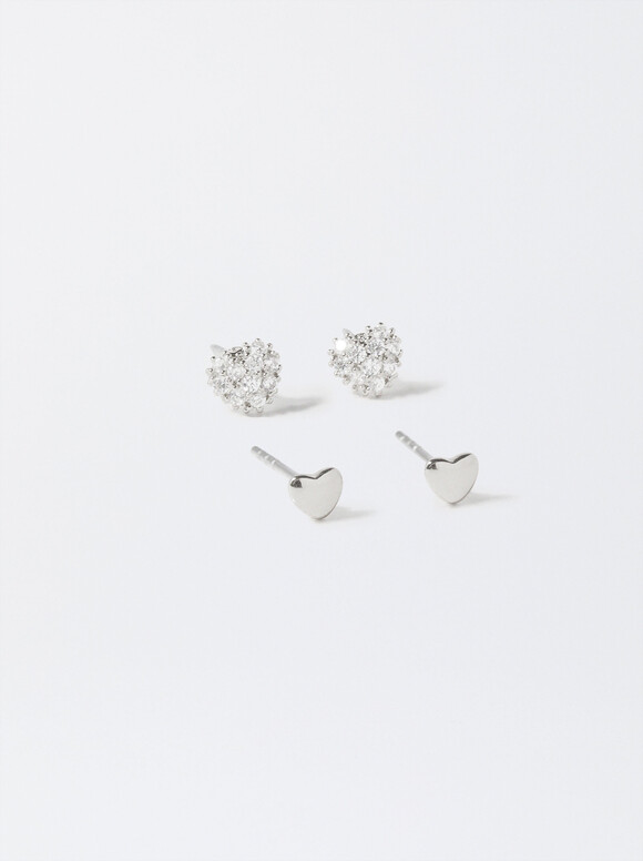 Set Of Earrings With Cubic Zirconia, Silver, hi-res