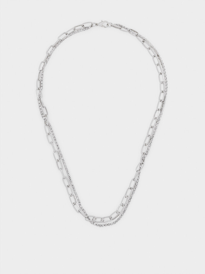Short Chain Necklace With Crystals, Silver, hi-res