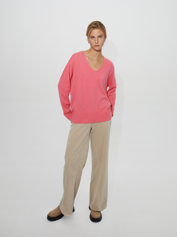 100% Cashmere V-Neck Knitted Sweater, Pink, hi-res