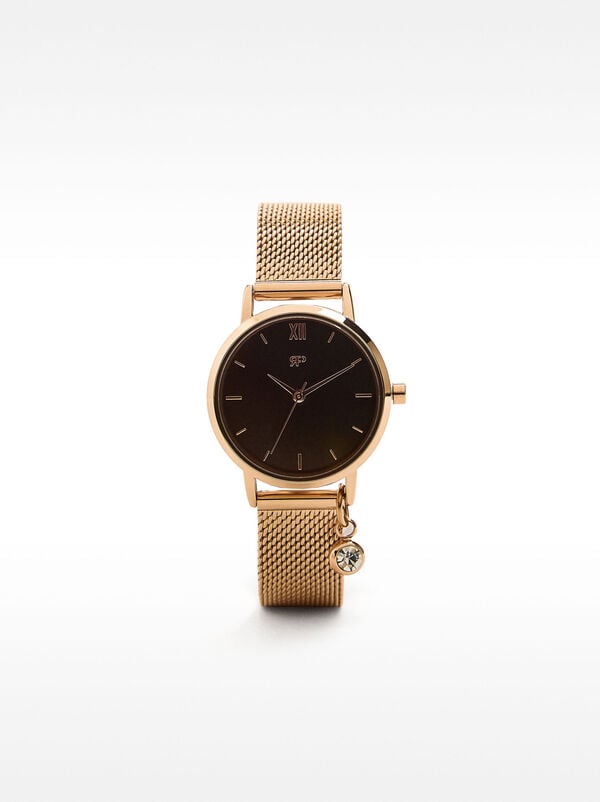 Watch with stainless steel mesh strap and crystal charm