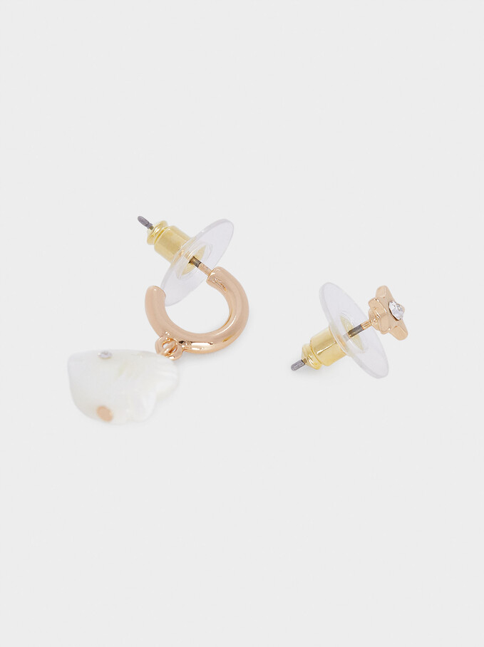 Set Of Earrings With Shell And Charms, Golden, hi-res
