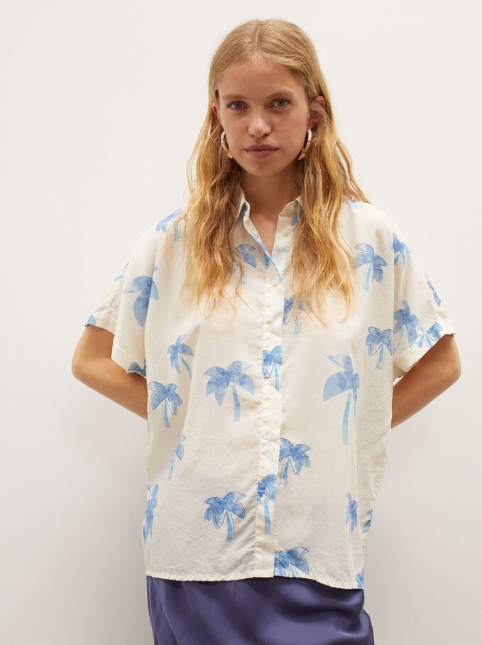 Oversize Shirt With Palm Tree Print, Ecru, hi-res