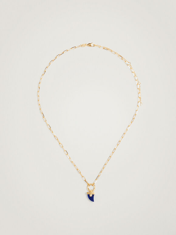 Short Silver 925 Necklace With Horn, Navy, hi-res