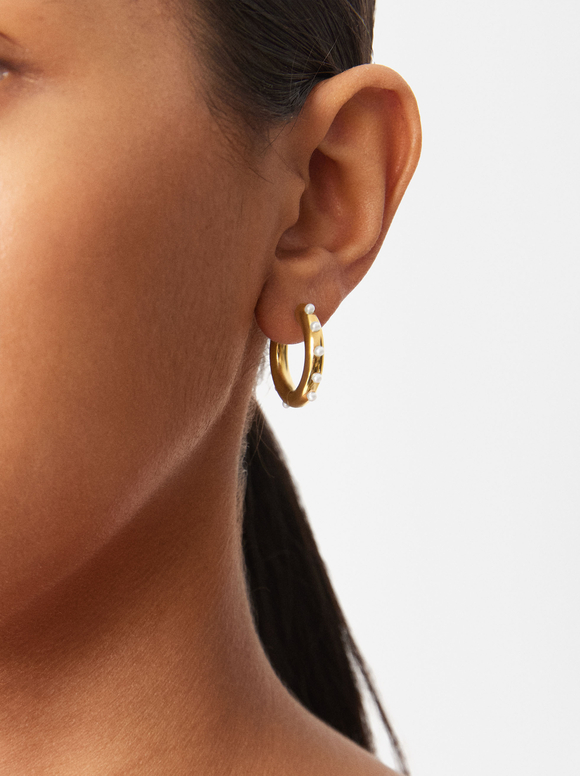 Stainless Steel Hoops Earrings With Pearls, , hi-res