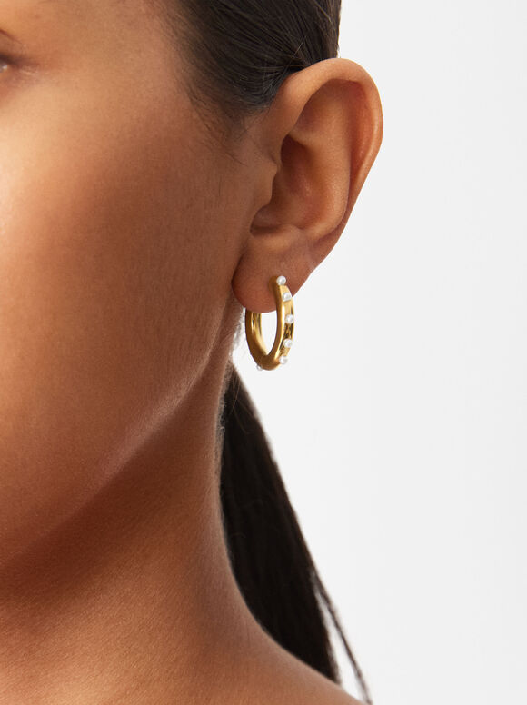 Stainless Steel Hoops Earrings With Pearls, Golden, hi-res