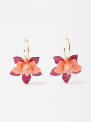 Flower Hoop Earrings, Fuchsia, hi-res