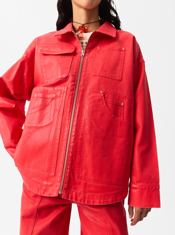 Online Exclusive - Denim Jacket , Red, hi-res