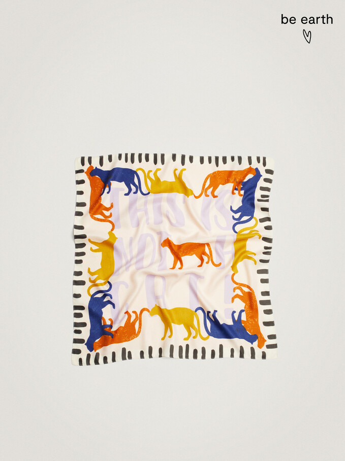 Printed Square Neckerchief Made From Recycled Materials, Ecru, hi-res