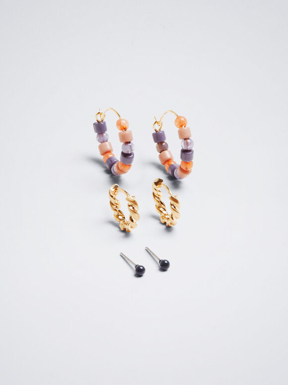 Hoop Earrings Set With Beads, Multicolor, hi-res
