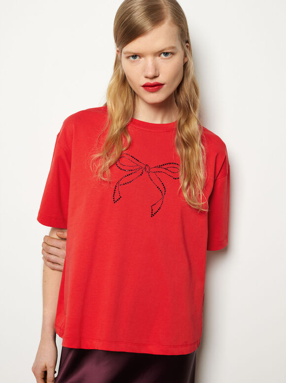 T-Shirt En Coton Avec Strass, Rouge, hi-res