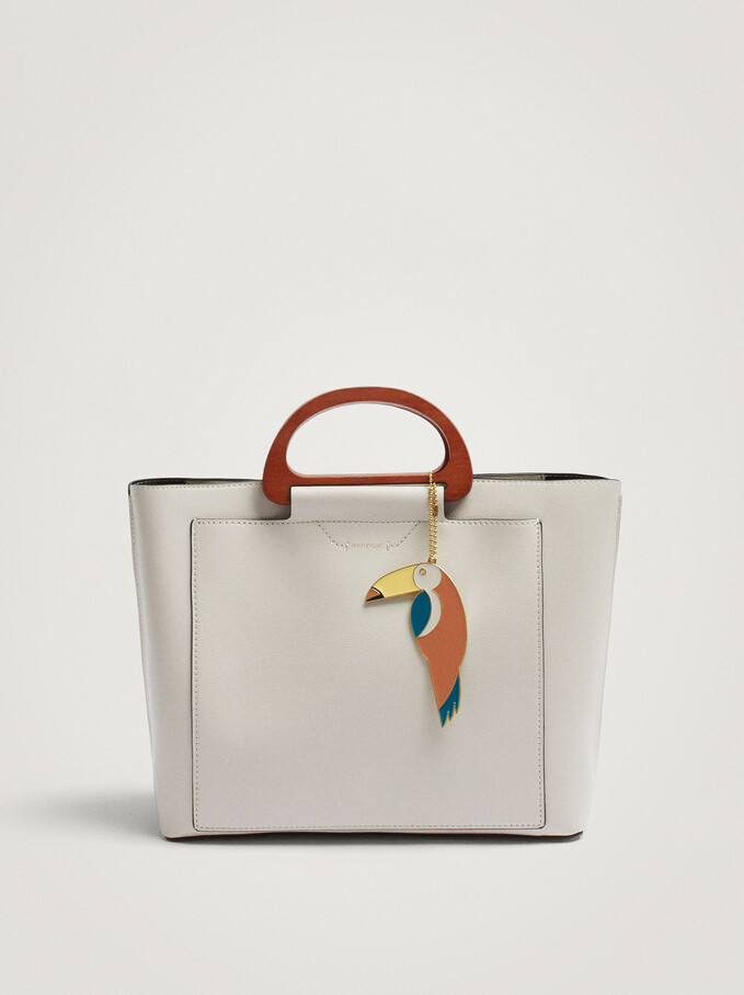 Shopper Bag With Toucan Pendant, Ecru, hi-res