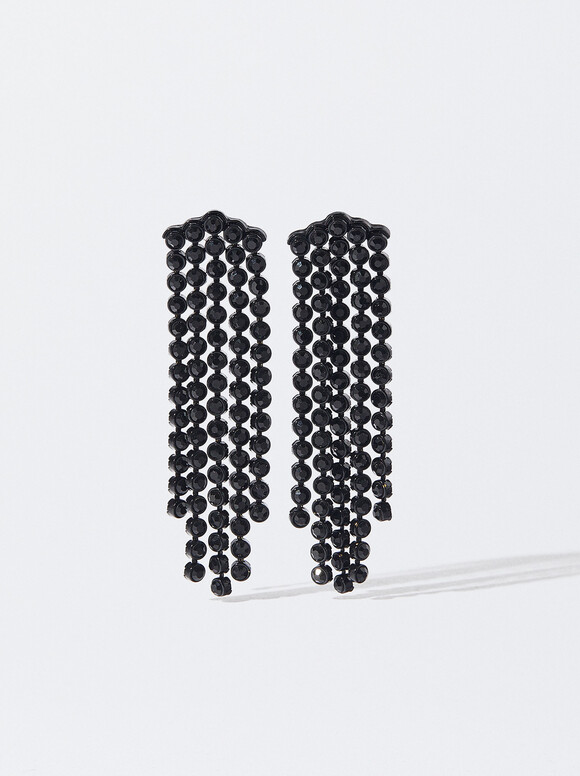 Online Exclusive - Long Earrings With Crystals, Black, hi-res