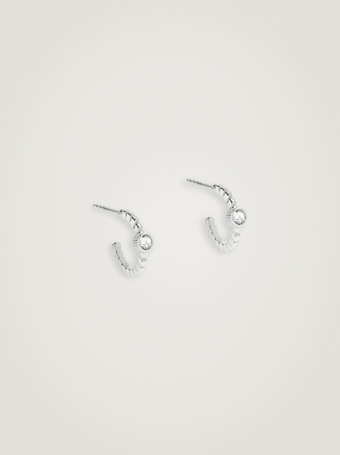 Stainless Steel Small Hoop Earrings With Crystals, Silver, hi-res