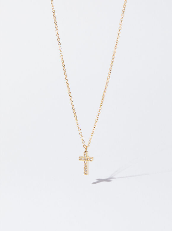 Stainless Steel Necklace With Cross, Golden, hi-res
