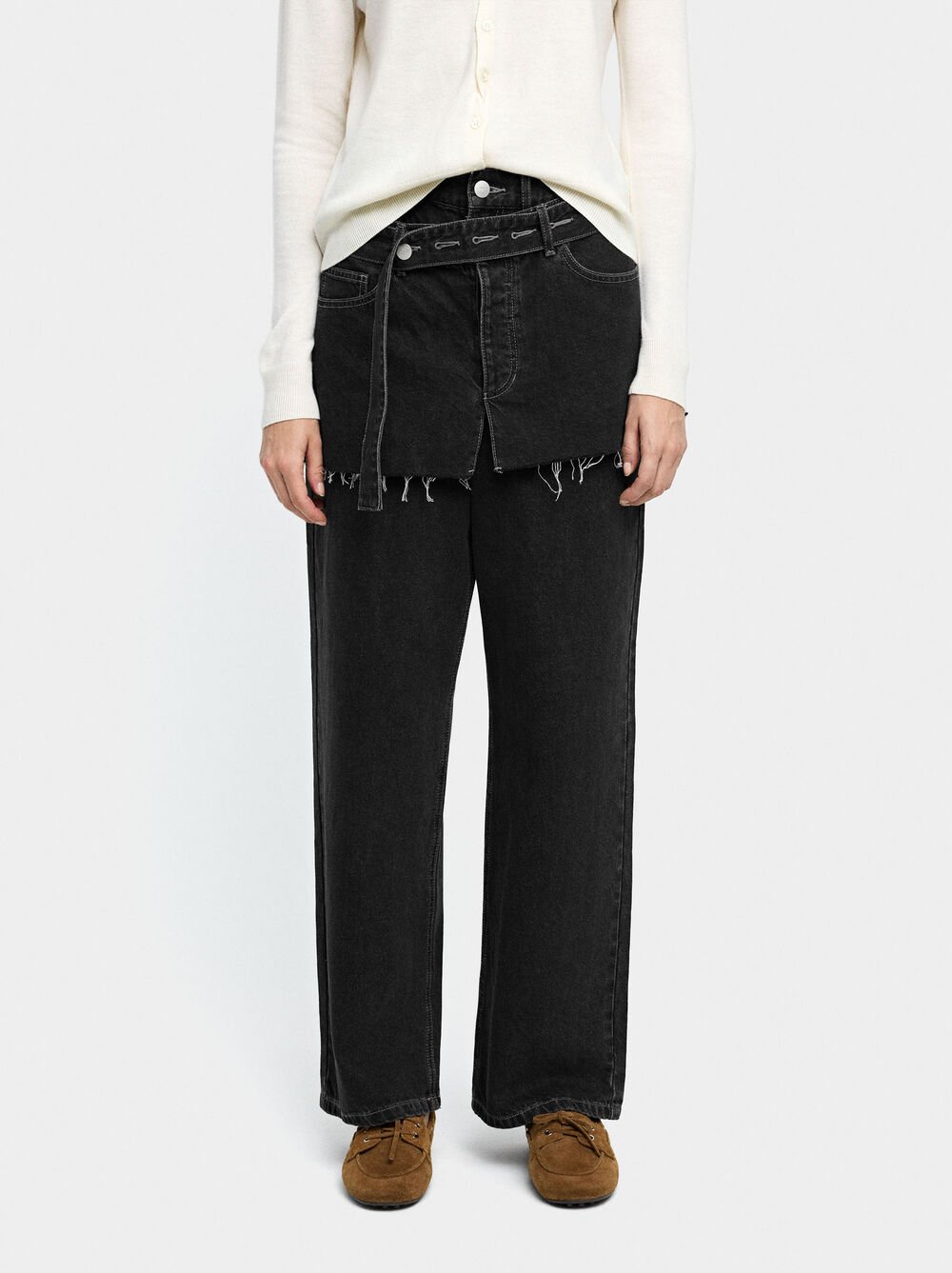 Straight denim trousers with skirt detail