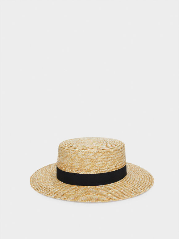 Sombrero Trenzado Con Cinta A Contraste, Crudo, hi-res