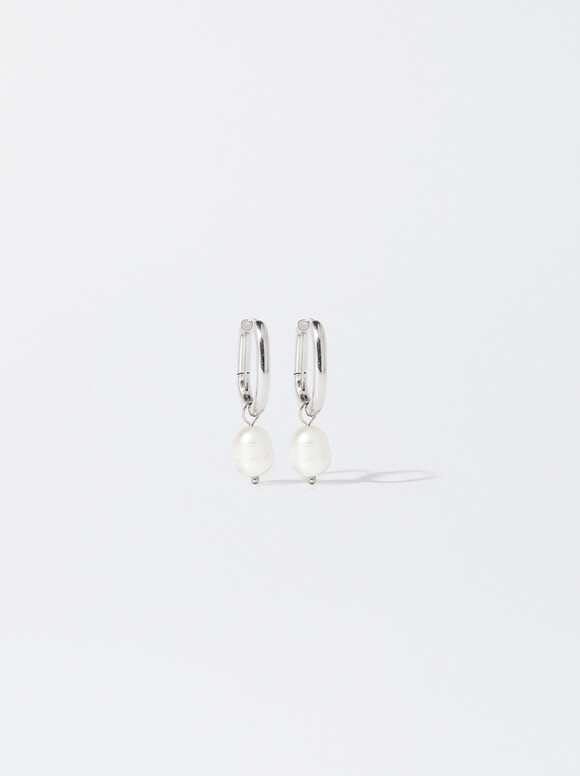Stainless Steel Earrings With Pearl, Silver, hi-res