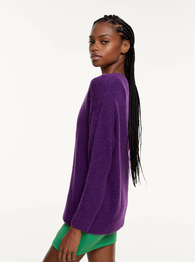 Knitted V-Neck Sweater, Purple, hi-res