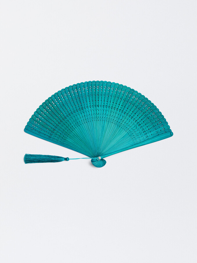 Perforated Fan With Tassel, Blue, hi-res