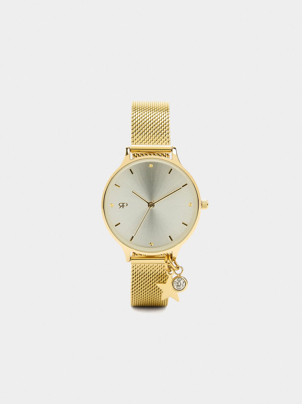 Relógio bracelete de malha metálica com charm