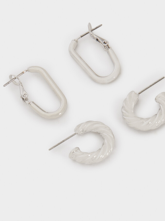 Set Of Silver Hoop Earrings With Raised Effect, Silver, hi-res