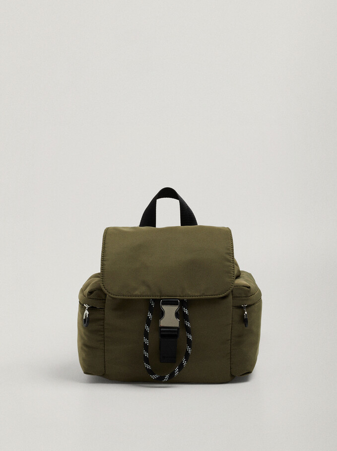 Nylon Backpack With Buckle, Khaki, hi-res