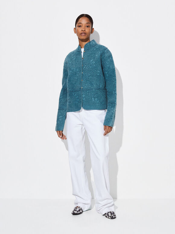 100% Cotton Embroidered Jacket, Blue, hi-res